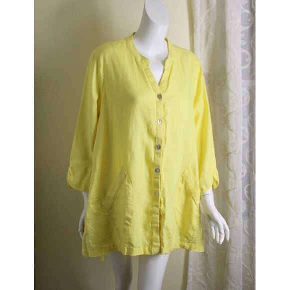 New Multiples Sz XL Bright Yellow 100% Linen A-Line Lagenlook Relaxed Chic - Picture 2 of 15